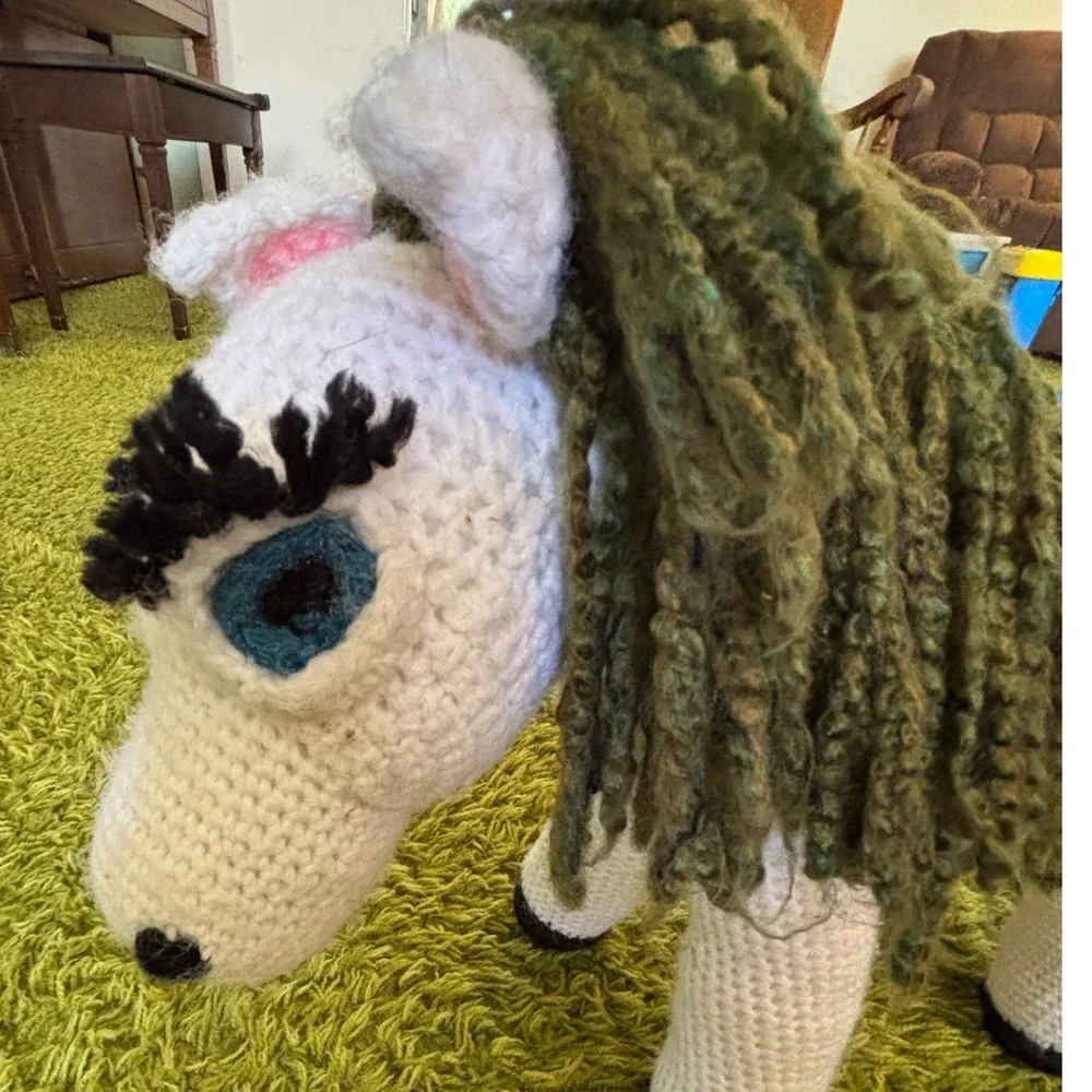 Handmade Crochet Horse Plush White Green Mane Amigurumi Folk Art Pony 12